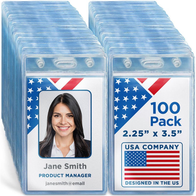 Mifflin-USA Plastic Waterproof ID Badge Holders (Clear, 2.25x3.5 Inch, 100 Pack), Vertical Hanging Name Card Holder with Zipper, Resealable Bulk Nametag Holders - Image 1